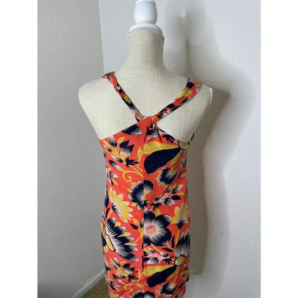 J Crew Womens Coral Floral Printed Twist Back Lined Silk Dress Size 0
